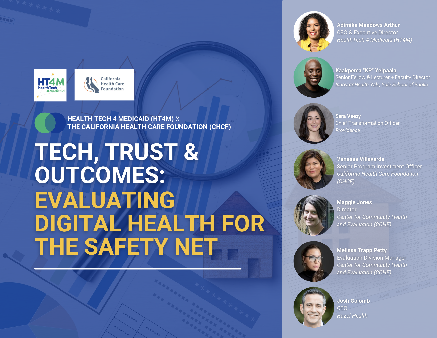 Promotional Graphic for "Tech, Trust, & Outcomes: Evaluation Digital Health for the Safety Net" webinar